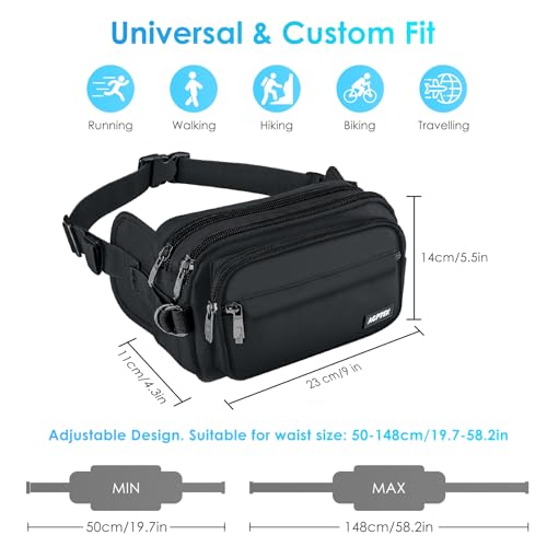 AGPTEK Bum Bag, Large Capacity RFID Waist Fanny Pack for Men Women, Adjustable & Waterproof Bumbag Running Belt for Travel, Running, Shopping, Hiking, Dog Walking, Cycling, Climbing, Black