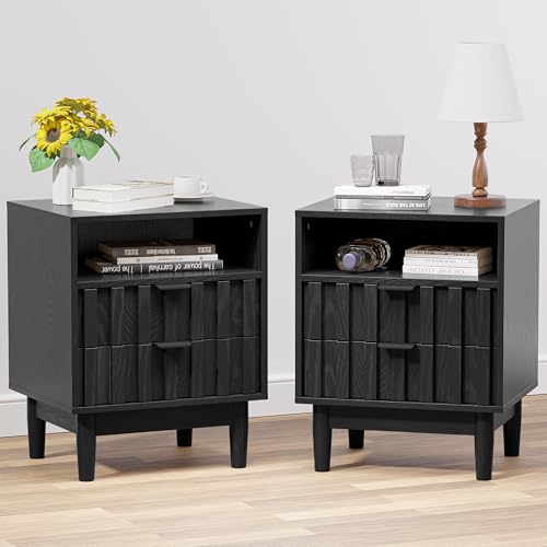 HOCAT Fluted Nightstand Set of 2, 19" Wide Night Stand with Solid Wood Legs, Open Storage Shelf, Mid Century Modern Wooden Bedside Table for Bedroom, Bed End Side Table, Black