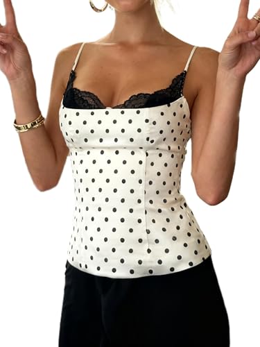 Image of ensswliz Women Polka Dot Cami Top Y2k Sleeveless Spaghetti Strap Polka Tank Top Summer Going Out Tops (A-White, S)