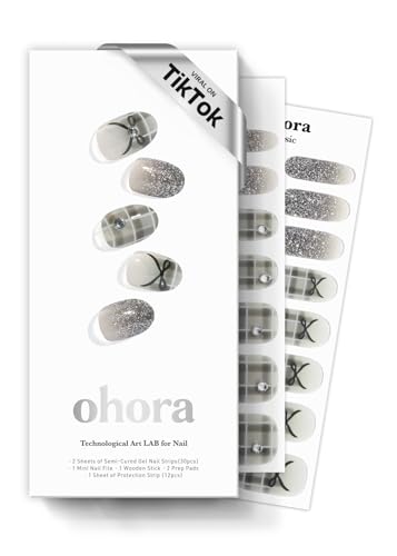ohora Semi Cured Gel Nail Strips (N Check Noir) - Works with Any Lamps, Salon-Quality, Long Lasting, Easy to Apply & Remove - Includes 2 Prep Pads, Nail File & Wooden Stick