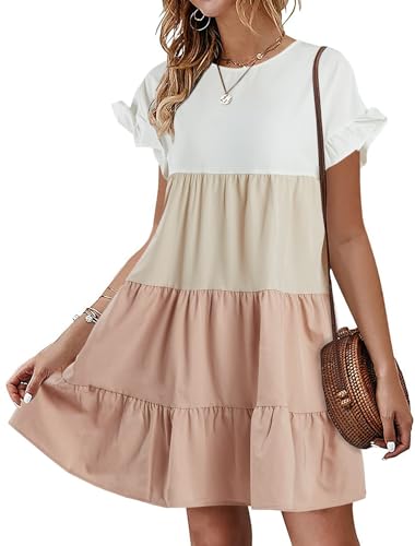 Image of Imysty Womens Boho Floral Ruffle Sleeve Babydoll Loose Flowy Casual Summer Pleated Mini Dress