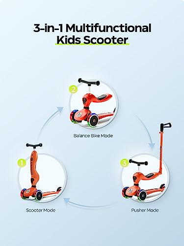 Cooghi Toddler Scooter, 3-In-1 Kids Scooter With Flashing Wheels, Adjustable Parent Push Bar & Seat & Handlebar, 3 Wheel Scooter For Kids Ages 1-5, Red #TOP1