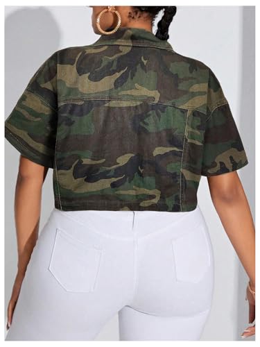 WDIRARA Women's Plus Size Camo Print Crop Denim Jacket Button Down Short Sleeve Jean Coat2