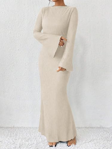 Narecte Fall Dresses for Women 2025 Maxi Dresses Solid Color Boho Dress Flare Sleeve Bodycon Dress3