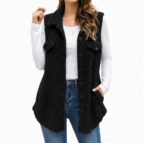 Womens Sherpa Fleece Vest Longline Button Front Flap Pockets Casual Winter - image 6