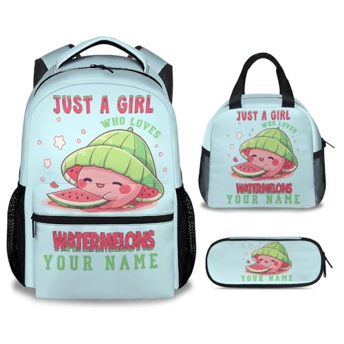 Custom Watermelon Girls Backpack with Lunch Box Set, 3 in 1 School Backpacks Matching Combo, Cute Blue Bookbag and Pencil Case Bundle