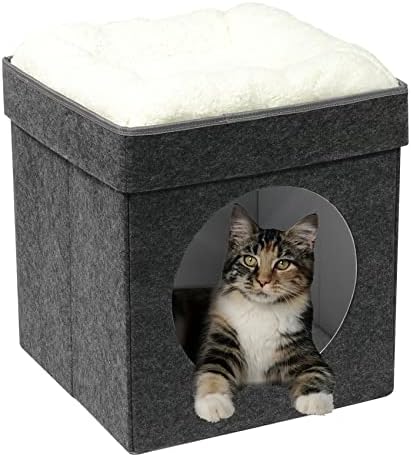 B FSOBEIIALEO Cat House Cube Small Dog Cubes for Indoor Cats Folding Cat Ottoman, Cat Cave, Stackable Cat Condo for Kitten, with Removable Soft Sleeping Bed, Felt and Engineered Wood 17"(Dark Grey)