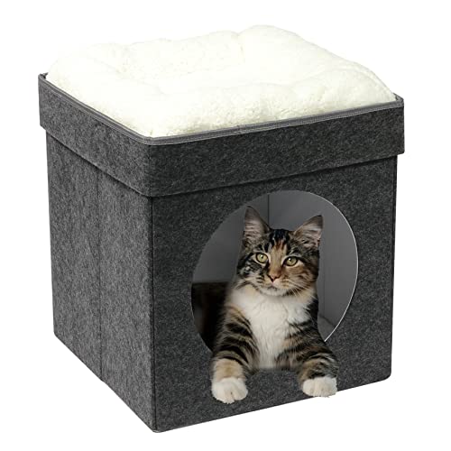 B Fsobeiialeo Cat House Cube Small Dog Cubes For Indoor Cats Folding Cat Ottoman, Cat Cave, Stackable Cat Condo For Kitten, With Removable Soft Sleeping Bed, Felt And Engineered Wood 17"(Dark Grey) #TOP5