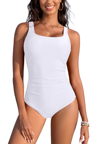 SHEKINI Women's Underwire Swimming Costume One Piece Swimsuit Tummy Control Ruched Vintage Push up Bathing Suits Swimwear White