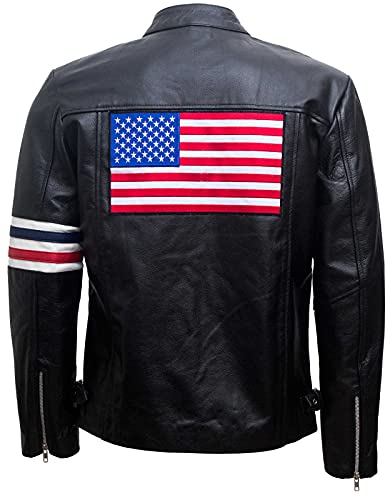 Mens Easy Bike Rider Jacket - Cafe Racer American Flag Motorcycle Leather Jacket, Black, X-Large #TOP1