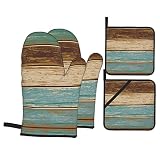 Retro Rustic Barn Wood Oven Mitts and Pot Holders Sets Set of 4，Resistant Hot Pads Non-Slip Cotton