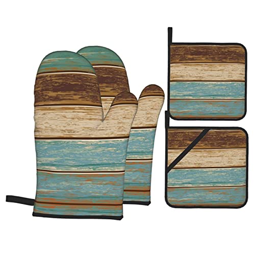 Retro Rustic Barn Wood Oven Mitts And Pot Holders Sets Set Of 4，Resistant Hot Pads Non-Slip Cotton Lining Gloves For Kitchen Baking Cooking Grilling #TOP5