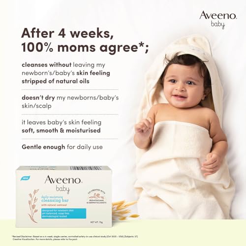 Image of Aveeno Baby Daily Moisture Cleansing Bar 75g (Pack of 2) | With natural Oatmeal, Glycerin and Shea Butter | Co-created with Pediatricians and Dermatologists for newborn sensitive skin | pH balanced, free of soap, parabens sulfates and phthalates