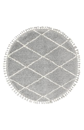 TESSO LIVING Hochflor Teppich - Grau - 120 cm Rund - Diamantmuster Shaggy Teppich Mit Fransen – Besonders Weich