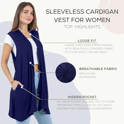 Image of Azules Sleeveless Long Cardigan for Women with Pockets - Lightweight Open Front, Flowy Dressy Layer for Work or Casual Wear