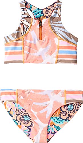 Image of Maaji Little Girl's High Neck with Zip Front Bikini Swimsuit Set Swimwear, Papaya Playa Orange Palm, 2