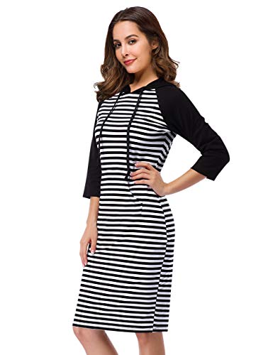 Clearlove Women's Stripe Pocket Knee Length Slim Pullover Hoodie Dress (L, Raglan-Blackwhite) #TOP2
