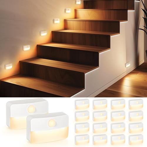 Image of Guankai 16 Pack Motion Sensor Stair Light for Indoor, Battery Operated Closet Lights, Stick on Anywhere Hallway Lamp, Portable Led Night Lamps for Bedroom Under Cabinet Kitchen
