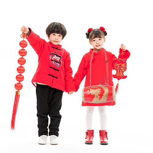 Exceart Chinese Folk Dance Waist Drums With Carry Strap Stick 14Cm Chinese Dragon Pattern Cowhide Waist Drum Musical Instruments Toys For Kids Toddlers New Year Gift Red #TOP3