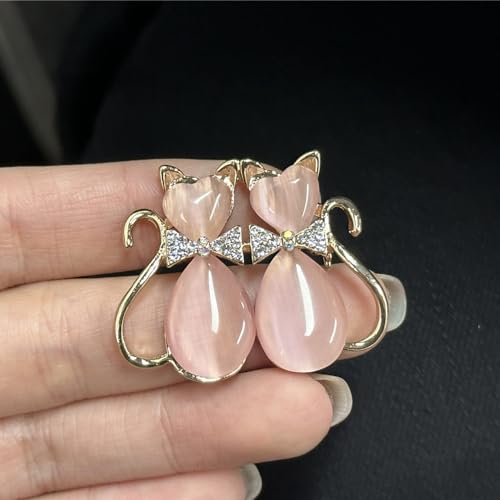 Image of Pink Heart Cat Animal Rhinestone Brooch Pin for Women Girls Gold Plated Fashion Crystal Love Hearted Cat's Eye Couple Kitten Brooches Lapel Pins Cute Dress Accessories Birthday Holiday Jewelry Gift