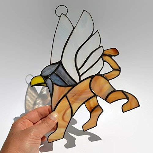 Gryphon Stained Glass Suncatcher Window Hanging or Wall Decor, Unique Gargoyle Decoration Home Office Dorm, Handcrafted Mythical Creature Griffin Ornament, Decorative Mystic Animal Griffon Art Panel