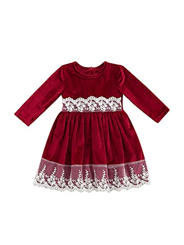 Toddler Baby Girls Christmas Dress Lace Hem Long Sleeve Coral Fleece Short Skirt Formal Dress (Red, 2-3T)