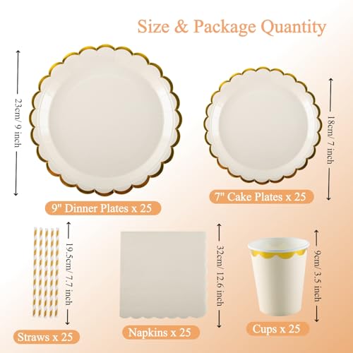125PCS Beige Party Tableware Set - Beige & Foil Gold Scalloped Paper Plates, Cups, Napkins, Straws for 25 Guests, Party Supplies for Birthday, Picnic, Wedding, Baby Shower - Image 3