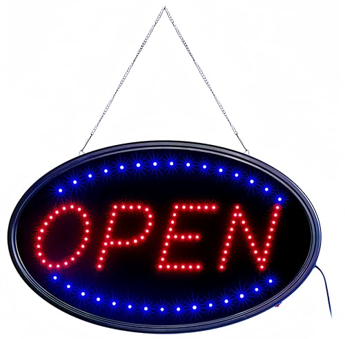 Neon Open Sign, LED Open Sign for Business, 19"x10" Storefront LED Light up Display Board with 2 Light Modes and Hanging Chain for Barbershop Bar Restaurant Hotel, Red & Blue Lights