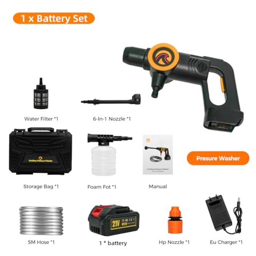 Sunster 21V Cordless Pressure Washer with 4000mAh Battery, 6-in-1 Nozzle, LED Remaining Battery Display, 3 Speed Adjustment, 5m/16.4FT Hose Jet Wash Tool for Patio and Car, Floor Garden Cleaning - Image 9