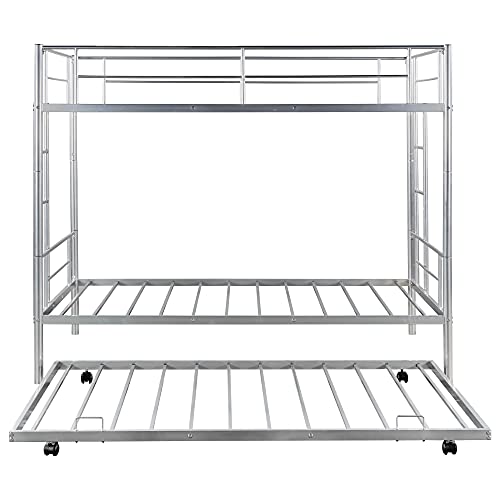 Calabash Twin Over Metal Bunk Bed With Trundle Heavy Duty Size Beds Frame 2 Side Ladders Convertible Bunkbed Safety Guard Rails,No Box Spring Needed (Silver) #TOP7