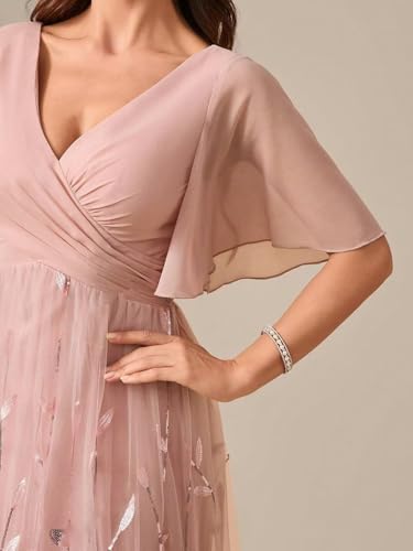 Chiffon Mother of The Bride Dresses V-Neck Bridesmaid Dress Sequin Formal Wedding Guest Dresses with Sleeves4