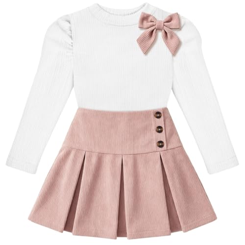 NikNio Toddler Girl Outfits Bow Sweatshirt & Skirts Set White Pink 5-6 Year | Girl Plaid Outfits Fall Winter Dress, Long Sleeves Tops & Button Mini Skirts Set, Toddler Girl Fashion Clothes