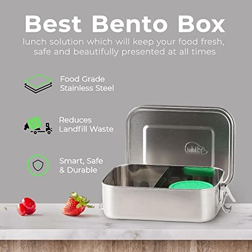 Mintie - Stainless Steel Lunch Box Set, Food Storage Containers Bundle with 1.2-Litre Adults/Kids Lunch Box with Movable & Removable Divider, Snack Pot, Lunch Bag, & Band, 4-Piece Meal Prep Container