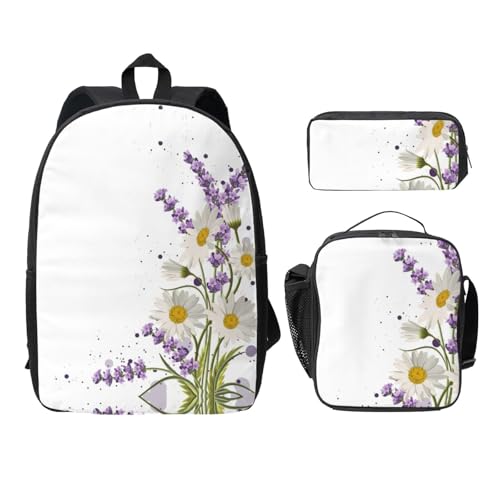 Sac à dos d'école 3 pièces lavande marguerites avec boîte déjeuner et trousse