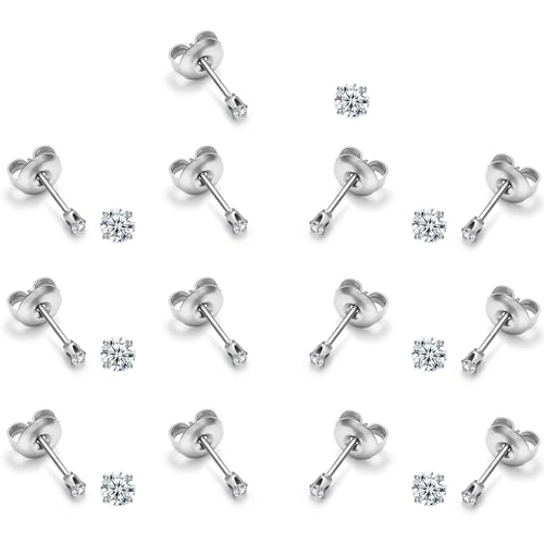 316L Steel CZ Stud Earrings for Women, Silver, 2mm 7 Pairs by DGhera - Used condition - US$7.12