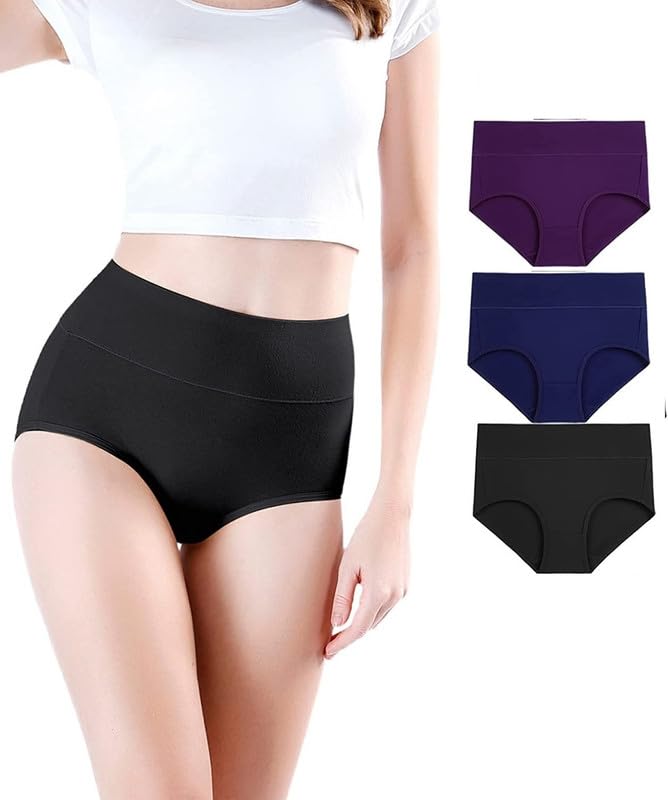 DIVING DEEP Womens Underwear Cotton High Waist Tummy Control Top Panties No Muffin Top Full Coverage Women’s Briefs – 3 Pack