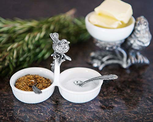 Vagabond House Song Bird Double Salt Cellar Spice Sauce Server And Place Card With Pewter Feather Spoons 2.5 Inch Tall 4.25 Inch Long 2 Inch Wide #TOP5