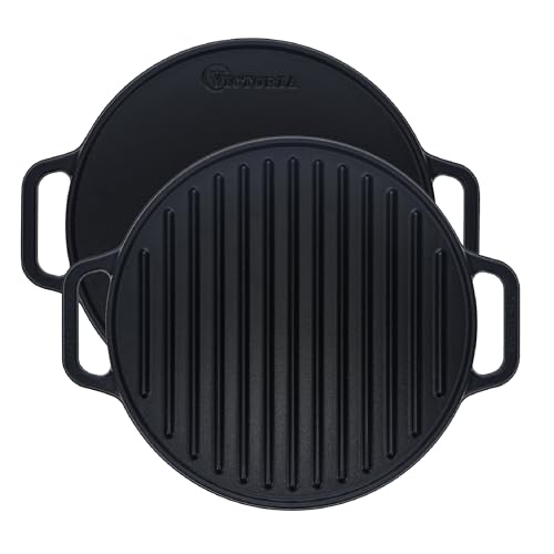 Image of Victoria Round Cast Iron Grill. Double Burner Griddle, with Removable Coil Handles Seasoned with 100% KoBibir Certified Non-GMO Flaxseed Oil, 12.5 Inch, Black