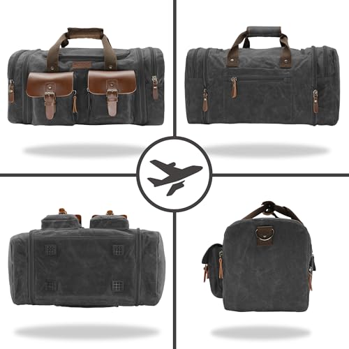 Image of Wildroad 60L Travel Duffel Bag, Expandable Waxed Canvas Genuine Leather Duffle Bag Upgraded Overnight Weekender Bag Carry on Bag (Vintage Black, X Large-60L)