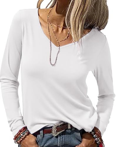 Wayleb Camiseta Manga Larga Mujer Elegante Básico Top T-Shirt Cuello en V Elástico Ligero Sólido Casual Túnica Top para Otoño y Invierno, Blanco M