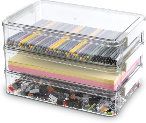 3Pcs Clear Plastic Storage Boxes, Azonee Stackable Organizer with Lids for Drawers, Portable File Case for A4 Paper, Letters, Stationery, Documents, Crafts, and Photos – Durable and Space-Saving