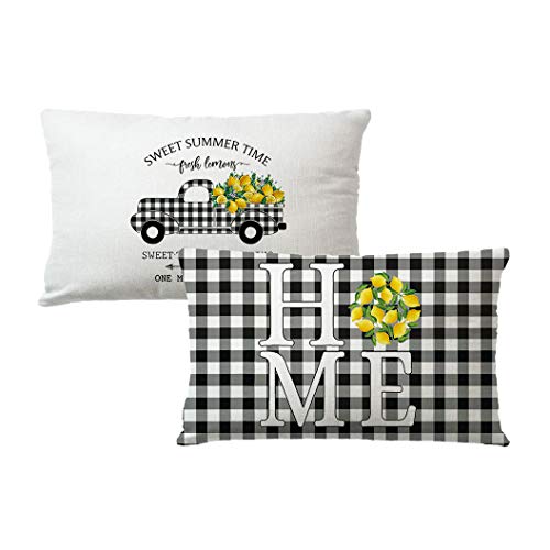 7COLORROOM 2Pack Farmhouse Lemon Pillow Covers Fresh Lemon Buffalo Check Truck Home Rectangular Waist Cushion Cover Summer Lemon Home Decorative Cotton Linen Pillowcases 12 ×20 (Black)
