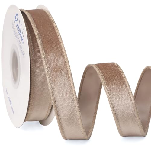 Ribbli Camel Velvet Wired Ribbon 1 Inch Velvet with Satin Christmas Ribbon for Gift Wrapping Christmas Tree Decoration Crafts Wreaths Supplies-Continuous 10 Yards