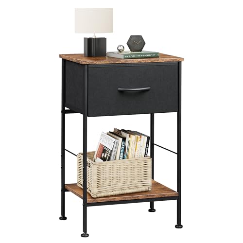 WLIVE Bedside Table, 2-Tier Bedside Cabinet with Fabric Storage Drawer, Steel Frame, Side Table for Living Room, Bed Side Table for Bedroom, Rustic Brown