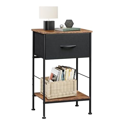 WLIVE Bedside Table, 2-Tier Bedside Cabinet with Fabric Storage Drawer, Steel Frame, Side Table for Living Room, Bed Side Table for Bedroom, Rustic Brown