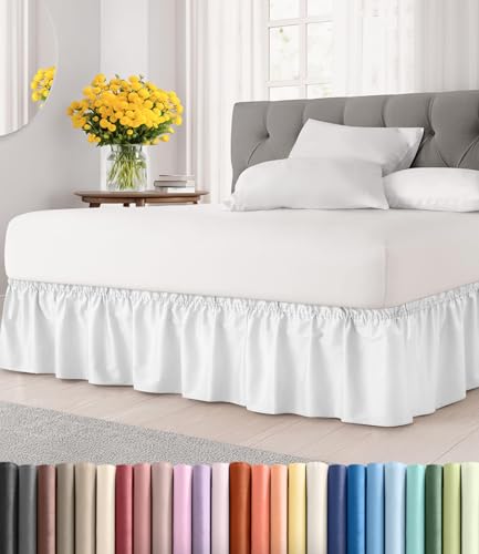 Wrap Around Dust Ruffle Bed Skirt - White - for Full Size Beds with 12 Inch Drop - Easy Fit Elastic Strap - Adjustable Pleated Bedskirt w/Brushed Fabric - Wrinkle Free - for Women Men Kids & Teens
