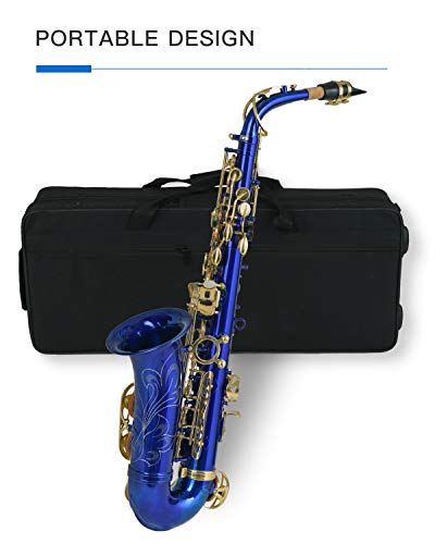 LAGRIMA Bb Alto Saxophone, Brass Body Mother-of-pearl Buttons, Carrying Case, Reed, Mouthpiece, Throat Pad, Neck Strap, Gloves and Cleaning Cloth (Blue)