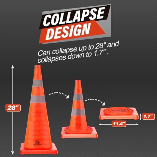 RoadHero 28 Inch 4 Pack Collapsible Traffic Safety Cones, Multi Purpose Pop-up Cones with Reflective Collar for Road Safety, Orange Cones for Driving Training, Parking Lots