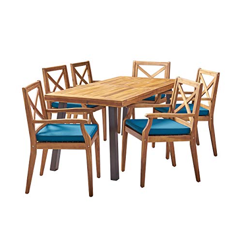 Outdoor Dining in Fort Wayne: Top Stylish Sets for Your Patio 4 Christopher Knight Home Justin Outdoor 7 Piece Acacia Wood Dining Set, Teak Finish/Rustic Metal/Blue