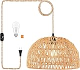 QIYIZM Plug in Pendant Light Rattan Hanging Lights with Plug in Cord Wicker Hanging Lamp with Woven Bamboo Basket Lamp Shade,Dimmable Switch,Boho Ceiling Light Fixtures for Kitchen,Farmhouse,Bedroom